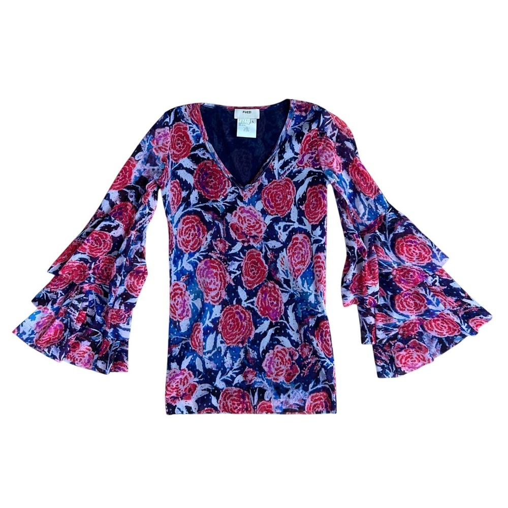 Fuzzi Jean Paul Gaultier Mesh Top Rose Floral Ruffle‎ Bell Sleeve Pink Purple L